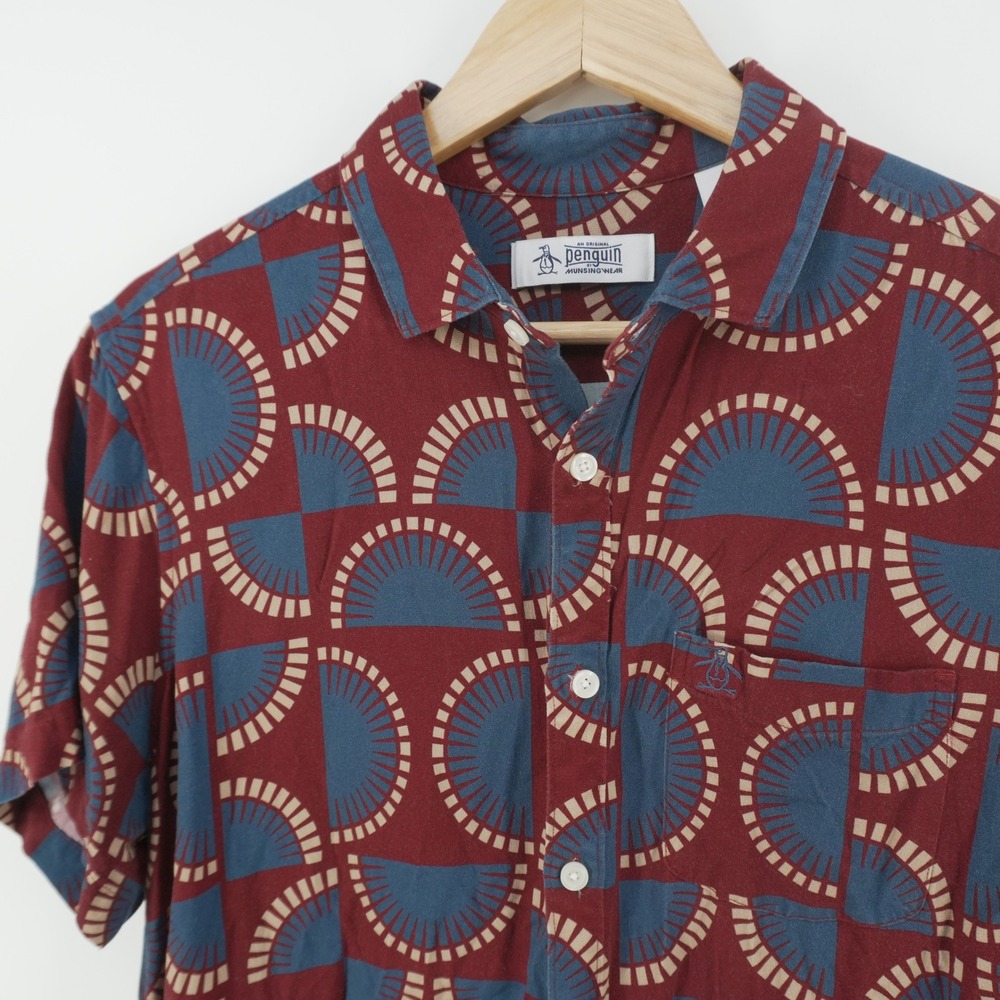 Original Penguin Button Down Mens L Burgundy Teal Geometric Fan Print Shirt